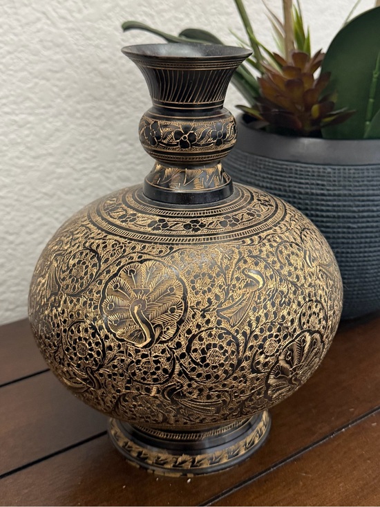 Other - Vintage Indian Hand-Etched Brass & Black Lacquer Peacock Vase